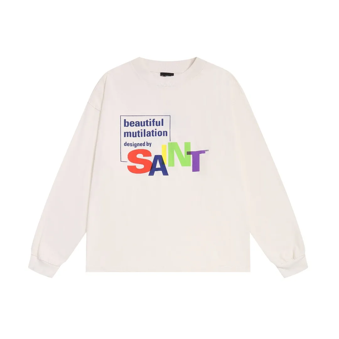 European and American heavyweight Saint Michael colorful letters retro print distressed casual loose long-sleeved bottoming T-shirt Fabric: 260g Style number: SM665 Size: S-M-L-XL Color: White Price: P144